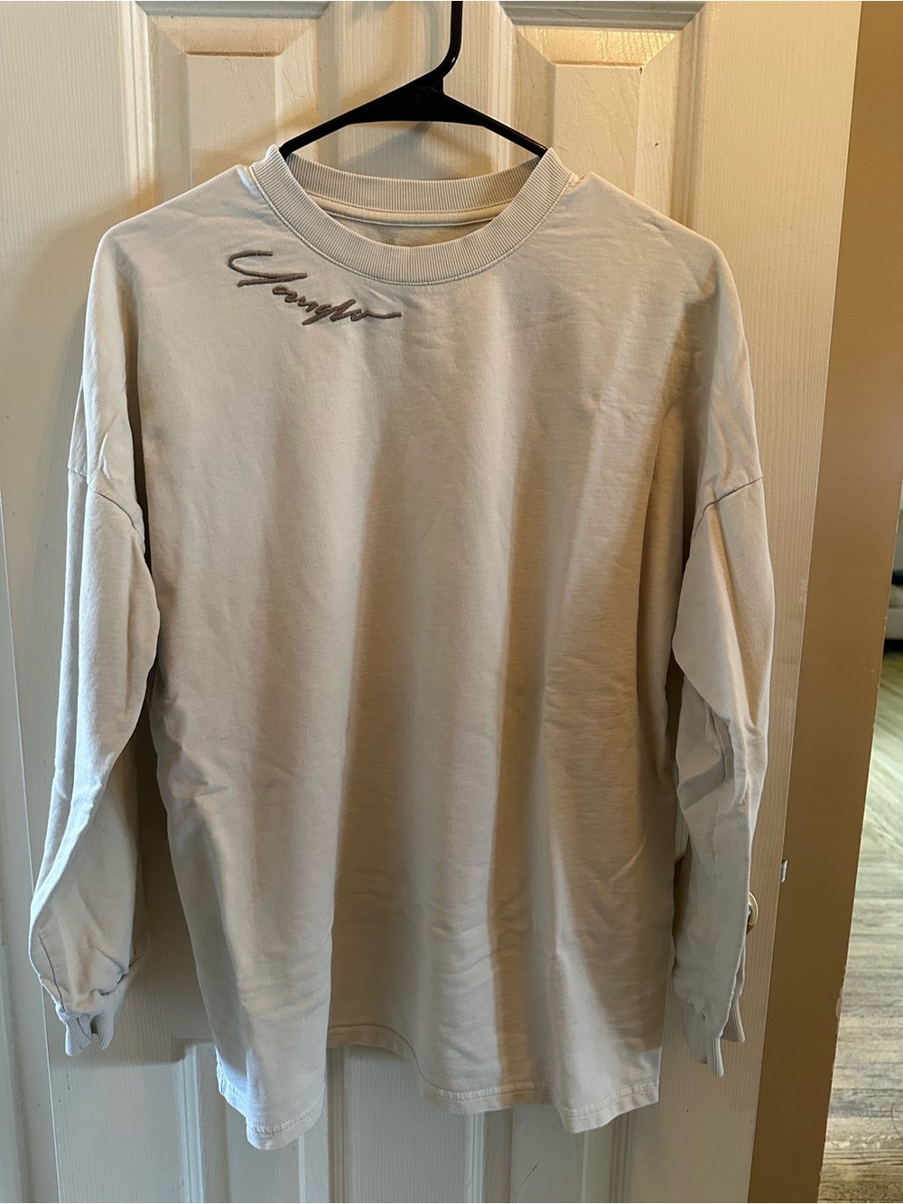 YoungLA Embroidered Script Long Sleeve Cream T-Shirt